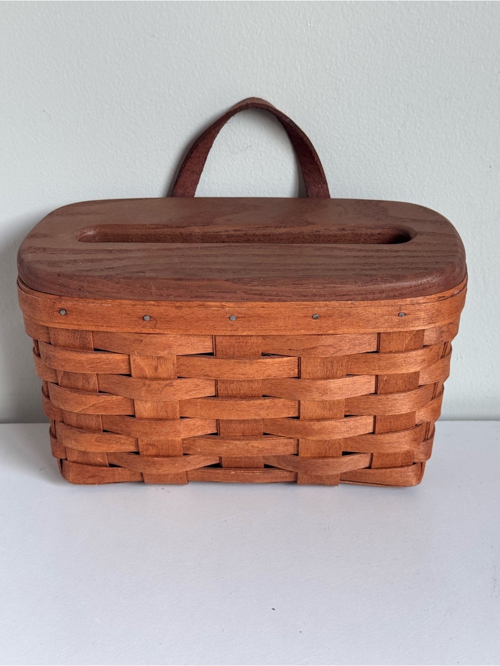Vintage Longaberger 1993 Woven Basket Long Tissue Box Wood Lid Wall Hanging